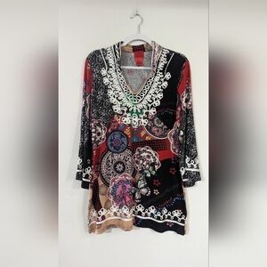 V Cristina Women's LS Embroidered Floral V Neck Top Black
